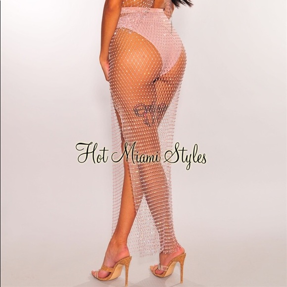 BLACK Fishnet Rhinestone Slit Cover Up Skirt - Picture 2 of 2